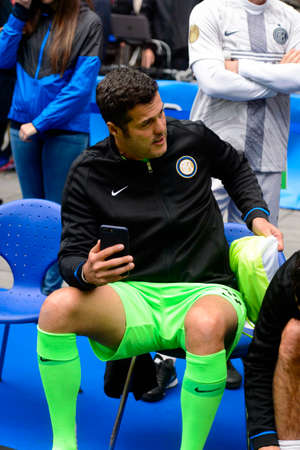 Milan - Nov 6. 2018: Julio Cesar does selfie with his iPhone. Friendly match Inter Forever - Barca Legendsのeditorial素材