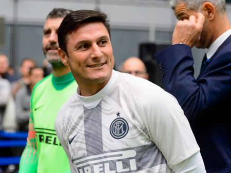Milan - Nov 6. 2018: Javier Zanetti smiles. Friendly match Inter Forever - Barca Legendsのeditorial素材