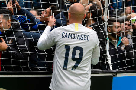 Milan - Nov 6, 2018: Esteban Cambiasso gives autographs to the fans. Friendly match Inter Forever -...