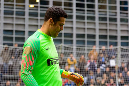 Milan - Nov 6, 2018: Julio Cesar warms up. Friendly match Inter Forever - Barca Legendsのeditorial素材