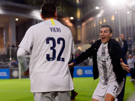 Milan - Nov 6. 2018: Christian Vieri celebrates the goal he scored. Friendly match Inter Forever - Barca Legendsのeditorial素材