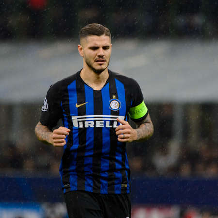Milan - Nov 6, 2018: Mauro Icardi 9 portrait close up. FC Internazionale - FC Barcelona. UEFA...