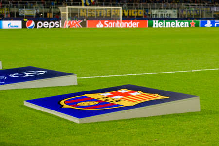 Milan - Nov 6, 2018:  Barcelona logo. FC Internazionale - FC Barcelona. UEFA Champions League....