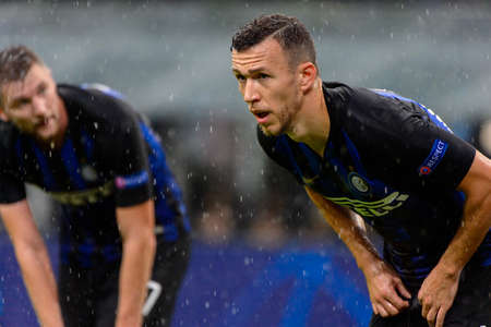 Milan - Nov 6, 2018: Ivan Perisic 44 and Skriniar. FC Internazionale - FC Barcelona. UEFA Champions League. Matchday 4. Giuseppe Meazza (San Siro) stadium.のeditorial素材