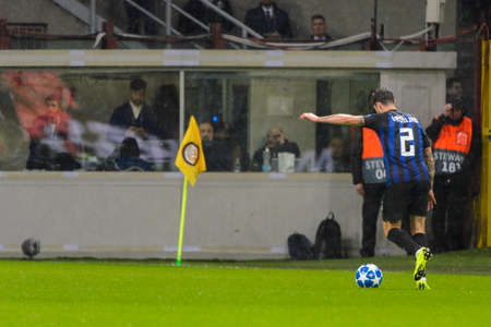 Milan - Nov 6, 2018: Sime Vrsaljko 2 dies a cross. FC Internazionale - FC Barcelona. UEFA Champions League. Matchday 4. Giuseppe Meazza (San Siro) stadium.のeditorial素材