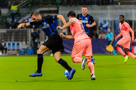Milan - Nov 6, 2018: Luis Suarez 9 vs Inter. FC Internazionale - FC Barcelona. UEFA Champions League. Matchday 4. Giuseppe Meazza (San Siro) stadium.のeditorial素材