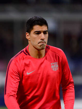 Milan - Nov 6, 2018: Luis Suarez portrait.  FC Internazionale - FC Barcelona. UEFA Champions League. Matchday 4. San Siro stadium.のeditorial素材