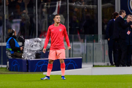 Milan - Nov 6, 2018:  Philippe Coutinho warming up. FC Internazionale - FC Barcelona. UEFA Champions League. Matchday 4. San Siro stadium.のeditorial素材