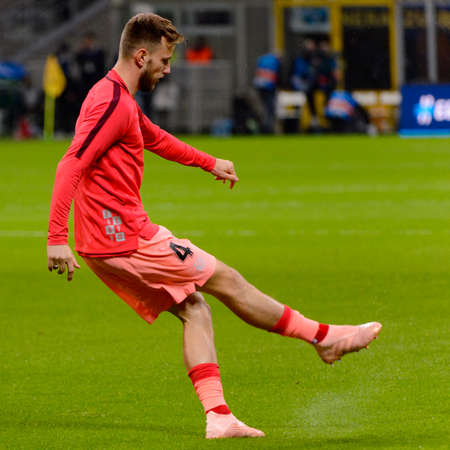 Milan - Nov 6, 2018:  Ivan Rakitic warming up. FC Internazionale - FC Barcelona. UEFA Champions League. Matchday 4. San Siro stadium.のeditorial素材