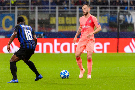Milan - Nov 6, 2018: Ivan Rakitic 4 controls the ball. FC Internazionale - FC Barcelona. UEFA Champions League. Matchday 4. Giuseppe Meazza (San Siro) stadium.のeditorial素材