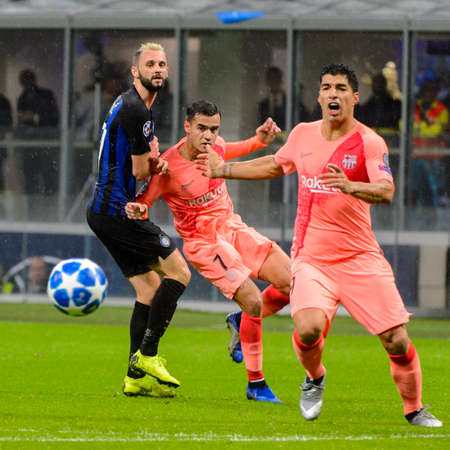 Milan - Nov 6, 2018: Luis Suarez 9 shoots on goal. FC Internazionale - FC Barcelona. UEFA Champions League. Matchday 4. Giuseppe Meazza (San Siro) stadium.のeditorial素材