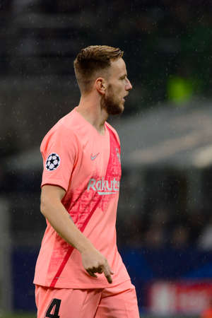 Milan - Nov 6, 2018: Ivan Rakitic 4 close up portrait. FC Internazionale - FC Barcelona. UEFA Champions League. Matchday 4. Giuseppe Meazza (San Siro) stadium.のeditorial素材