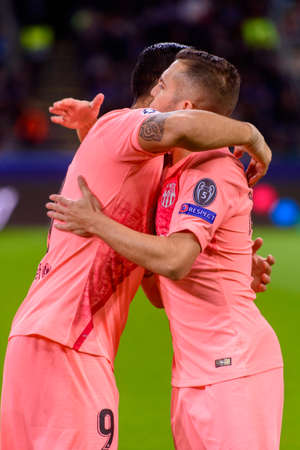 Milan - Nov 6, 2018: Luis Suarez and Jordi Alba.  FC Internazionale - FC Barcelona. UEFA Champions League. Matchday 4. San Siro stadium.のeditorial素材