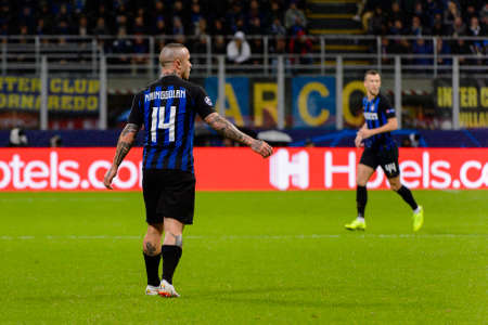 Milan - Nov 6, 2018: Radja Nainggolan 14. FC Internazionale - FC Barcelona. UEFA Champions League. Matchday 4. Giuseppe Meazza (San Siro) stadium.のeditorial素材