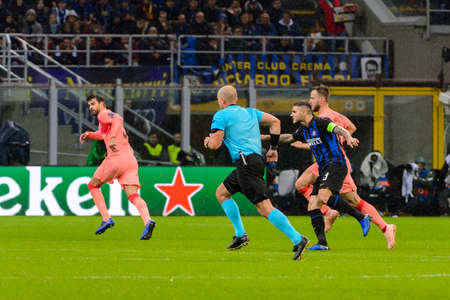 Milan - Nov 6, 2018: Mauro Icardi 9 attacks. FC Internazionale - FC Barcelona. UEFA Champions League. Matchday 4. Giuseppe Meazza (San Siro) stadium.のeditorial素材