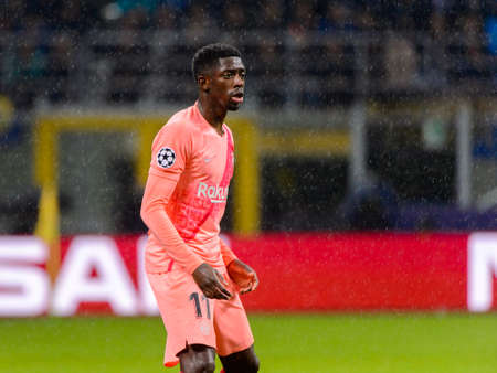 Milan - Nov 6, 2018: Ousmane Dembele 11 portrait. FC Internazionale - FC Barcelona. UEFA Champions League. Matchday 4. Giuseppe Meazza (San Siro) stadium.のeditorial素材