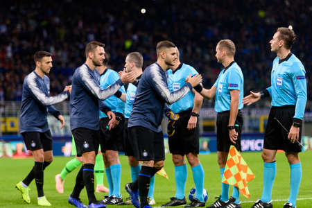 Milan - Nov 6, 2018: Inter Greets referees. FC Internazionale - FC Barcelona. UEFA Champions League. Matchday 4. Giuseppe Meazza (San Siro) stadium.のeditorial素材