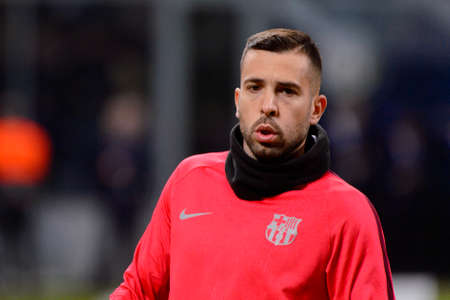 Milan - Nov 6, 2018:  Jordi Alba warming up. FC Internazionale - FC Barcelona. UEFA Champions League. Matchday 4.のeditorial素材