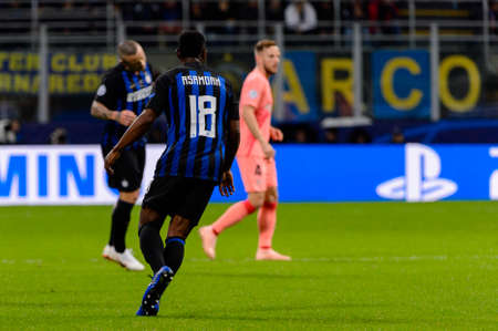 Milan - Nov 6, 2018: Kwadwo Asamoah 18. FC Internazionale - FC Barcelona. UEFA Champions League. Matchday 4. Giuseppe Meazza (San Siro) stadium.のeditorial素材
