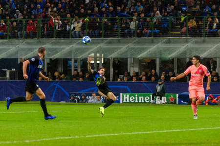 Milan - Nov 6, 2018: Sime Vrsaljko 2 in a jump gets the ball. FC Internazionale - FC Barcelona. UEFA Champions League. Matchday 4. Giuseppe Meazza (San Siro) stadium.のeditorial素材