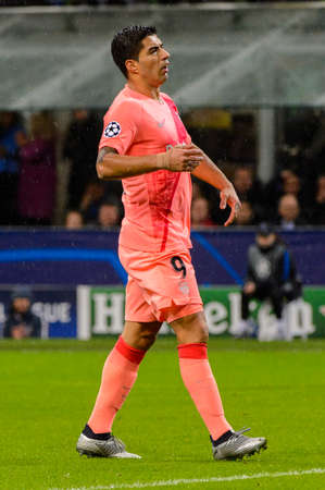Milan - Nov 6, 2018: Luis Suarez 9 is disappointed.. FC Internazionale - FC Barcelona. UEFA Champions League. Matchday 4. Giuseppe Meazza (San Siro) stadium.のeditorial素材