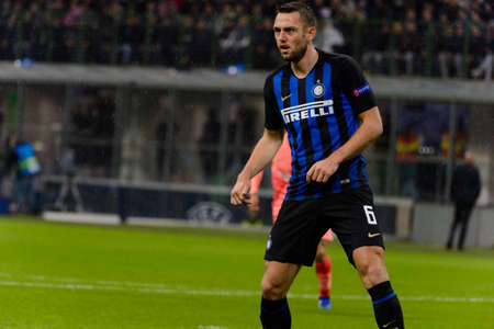 Milan - Nov 6, 2018: Stefan de Vrij 6 portrait. FC Internazionale - FC Barcelona. UEFA Champions League. Matchday 4. Giuseppe Meazza (San Siro) stadium.のeditorial素材