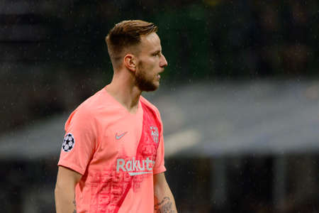 Milan - Nov 6, 2018: Ivan Rakitic 4 close up portrait. FC Internazionale - FC Barcelona. UEFA Champions League. Matchday 4. Giuseppe Meazza (San Siro) stadium.のeditorial素材