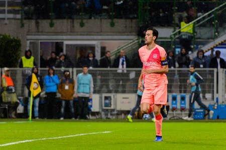 Milan - Nov 6, 2018: Sergio Busquets runs quickly. FC Internazionale - FC Barcelona. UEFA Champions League. Matchday 4. Giuseppe Meazza (San Siro) stadium.のeditorial素材