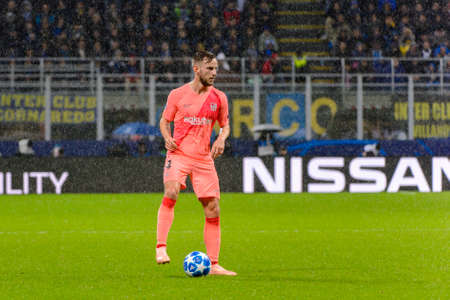Milan - Nov 6, 2018: Ivan Rakitic 4 holds a ball. FC Internazionale - FC Barcelona. UEFA Champions League. Matchday 4. Giuseppe Meazza (San Siro) stadium.のeditorial素材