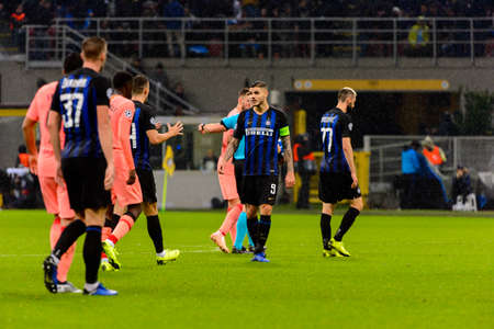 Milan - Nov 6, 2018: Mauro Icardi 9. FC Internazionale - FC Barcelona. UEFA Champions League. Matchday 4. Giuseppe Meazza (San Siro) stadium.のeditorial素材