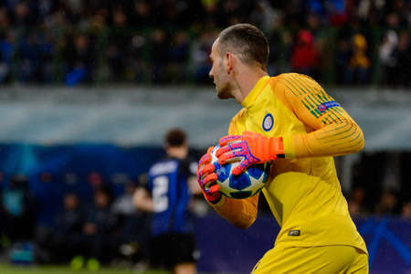 Milan - Nov 6, 2018: Samir Handanovic 1 with a ball. FC Internazionale - FC Barcelona. UEFA Champions League. Matchday 4. Giuseppe Meazza (San Siro) stadium.のeditorial素材