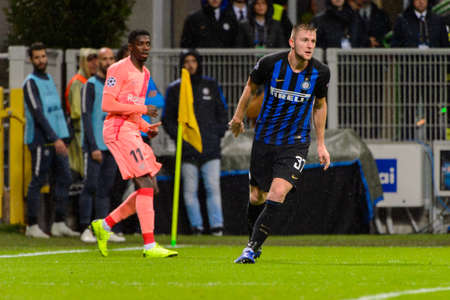 Milan - Nov 6, 2018: Milan Skriniar 37. FC Internazionale - FC Barcelona. UEFA Champions League. Matchday 4. Giuseppe Meazza (San Siro) stadium.のeditorial素材
