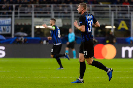 Milan - Nov 6, 2018: Milan Skriniar 37. FC Internazionale - FC Barcelona. UEFA Champions League. Matchday 4. Giuseppe Meazza (San Siro) stadium.のeditorial素材