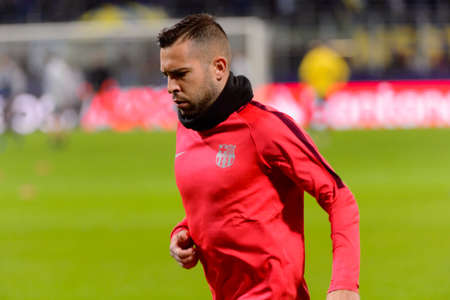 Milan - Nov 6, 2018:  Jordi Alba warming up. FC Internazionale - FC Barcelona. UEFA Champions League. Matchday 4.のeditorial素材