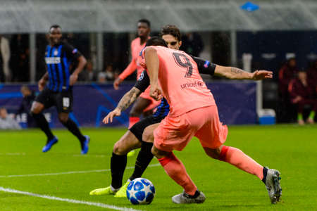 Milan - Nov 6, 2018: Luis Suarez 9 vs Inter. FC Internazionale - FC Barcelona. UEFA Champions League. Matchday 4. Giuseppe Meazza (San Siro) stadium.のeditorial素材