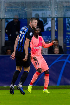 Milan - Nov 6, 2018: Ousmane Dembele 11. FC Internazionale - FC Barcelona. UEFA Champions League. Matchday 4. Giuseppe Meazza (San Siro) stadium.のeditorial素材