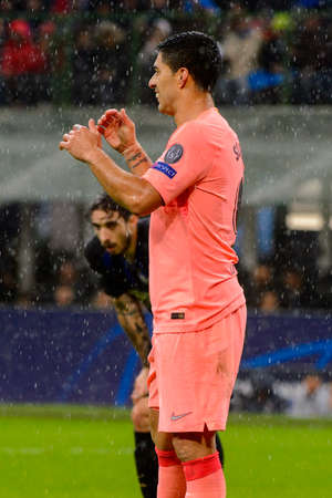 Milan - Nov 6, 2018: Luis Suarez 9 smiles. FC Internazionale - FC Barcelona. UEFA Champions League. Matchday 4. Giuseppe Meazza (San Siro) stadium.のeditorial素材
