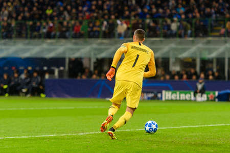 Milan - Nov 6, 2018: Samir Handanovic 1. FC Internazionale - FC Barcelona. UEFA Champions League. Matchday 4. Giuseppe Meazza (San Siro) stadium.のeditorial素材