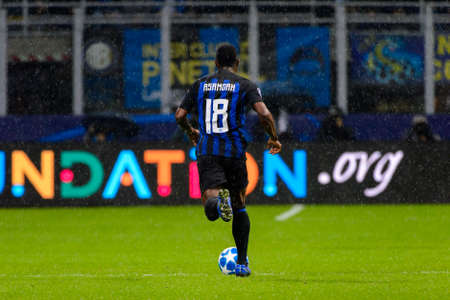 Milan - Nov 6, 2018: Kwadwo Asamoah 18 controls the ball on speed. FC Internazionale - FC Barcelona. UEFA Champions League. Matchday 4. Giuseppe Meazza (San Siro) stadium.のeditorial素材