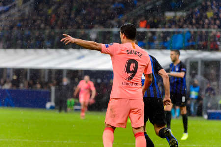 Milan - Nov 6, 2018: Luis Suarez 9. FC Internazionale - FC Barcelona. UEFA Champions League. Matchday 4. Giuseppe Meazza (San Siro) stadium.のeditorial素材