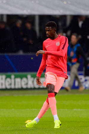 Milan - Nov 6, 2018: Ousmane Dembele warming up. FC Internazionale - FC Barcelona. UEFA Champions League. Matchday 4.のeditorial素材