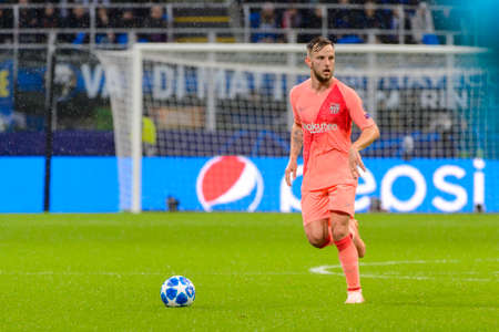 Milan - Nov 6, 2018: Ivan Rakitic 4 controls the ball. FC Internazionale - FC Barcelona. UEFA Champions League. Matchday 4. Giuseppe Meazza (San Siro) stadium.のeditorial素材