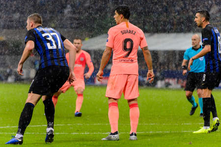 Milan - Nov 6, 2018: Luis Suarez 9. FC Internazionale - FC Barcelona. UEFA Champions League. Matchday 4. Giuseppe Meazza (San Siro) stadium.のeditorial素材