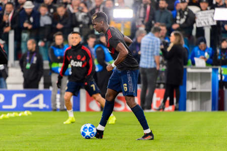 Turin - Nov 7, 2018: Paul Pogba 6 warms up. Juventus - Manchester United. UEFA Champions League. Matchday 4. Allianz stadium.のeditorial素材