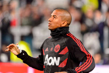 Turin - Nov 7, 2018: Ashley Young 18 portrait. Juventus - Manchester United. UEFA Champions League. Matchday 4. Allianz stadium.のeditorial素材