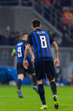 Milan - Nov 6, 2018: Matias Vecino 8. FC Internazionale - FC Barcelona. UEFA Champions League. Matchday 4. Giuseppe Meazza (San Siro) stadium.のeditorial素材