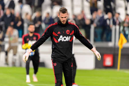 Turin - Nov 7, 2018: David De Gea 1 warming up. Juventus - Manchester United. UEFA Champions League. Matchday 4. Allianz stadium.のeditorial素材