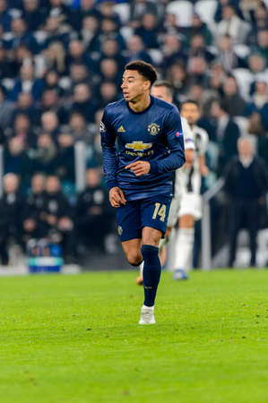 Turin - Nov 7, 2018: Jesse Lingard 14 in actiion. Juventus - Manchester United. UEFA Champions League. Matchday 4. Allianz stadium.のeditorial素材