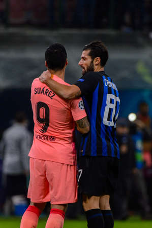 Milan - Nov 6, 2018: Luis Suarez 9 and Antonio Candreva. FC Internazionale - FC Barcelona. UEFA Champions League. Matchday 4. Giuseppe Meazza (San Siro) stadium.のeditorial素材