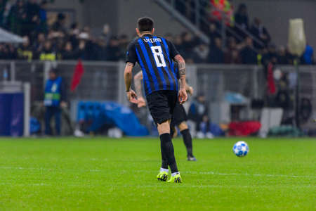 Milan - Nov 6, 2018: Matias Vecino 8. FC Internazionale - FC Barcelona. UEFA Champions League. Matchday 4. Giuseppe Meazza (San Siro) stadium.のeditorial素材